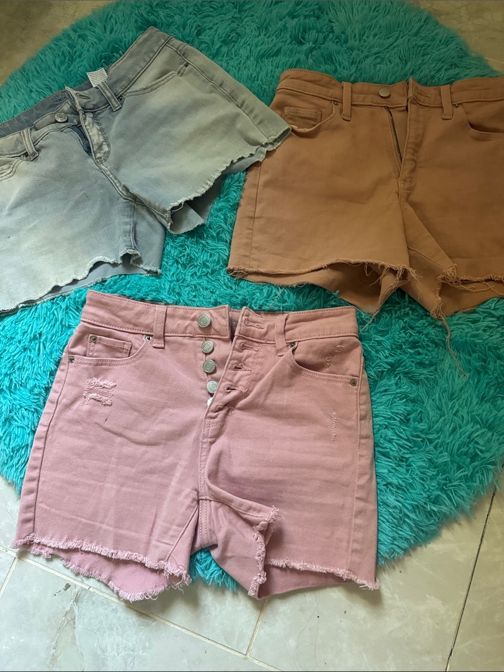 AND Trio of Women's Denim Shorts in Pink, Light Blue, and Brown